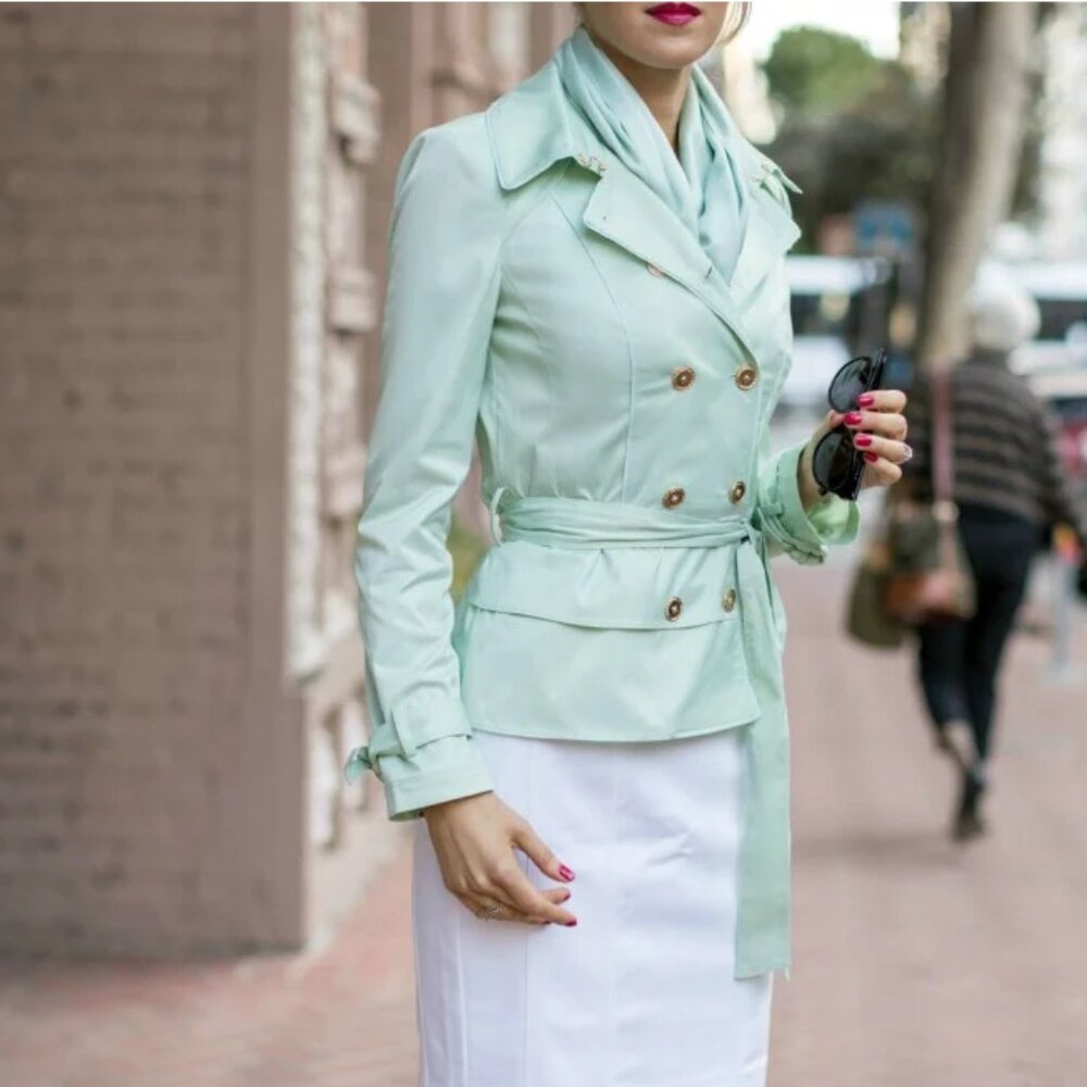 White House Black Market Short Belted Trench Coat in Mint Green
